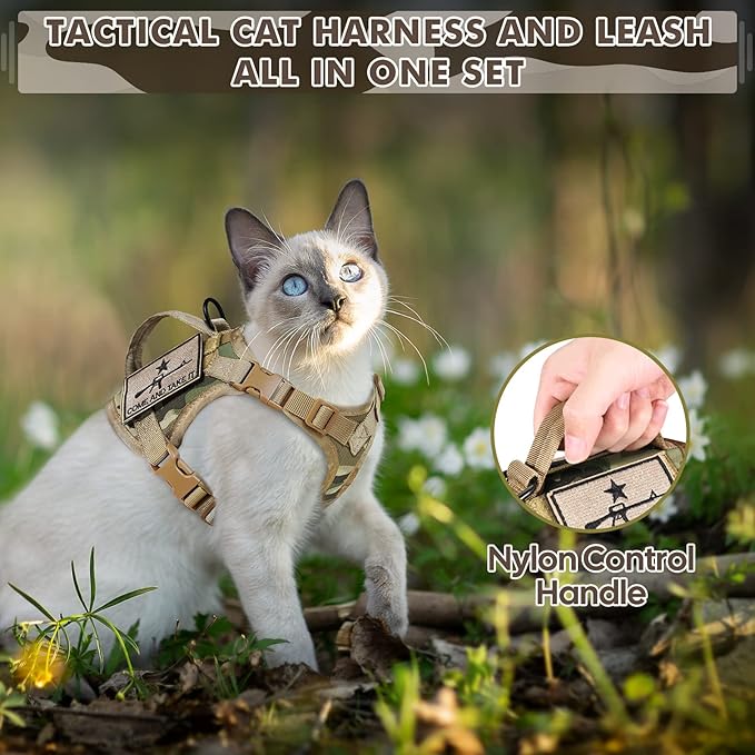 Tactical Cat Harness and Leash, Escape Proof Large Cat Walking Vest,Adjustable Soft Mesh Pet Vest Harness with Control Handle, Molle Patches (Large, Beige)