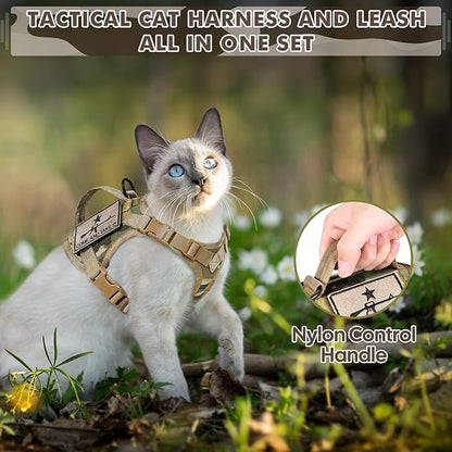 Tactical Cat Harness and Leash, Escape Proof Large Cat Walking Vest,Adjustable Soft Mesh Pet Vest Harness with Control Handle, Molle Patches (Large, Beige)