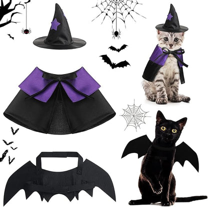 Frienda 3 Pieces Cat Halloween Vampire Costume Includes Vampire Costume Cloak Wizard Hat and Cat Bat Wings for Kittens Pet Halloween Party Cosplay Accessories(Purple,Star)