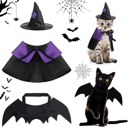 Frienda 3 Pieces Cat Halloween Vampire Costume Includes Vampire Costume Cloak Wizard Hat and Cat Bat Wings for Kittens Pet Halloween Party Cosplay Accessories(Purple,Star)