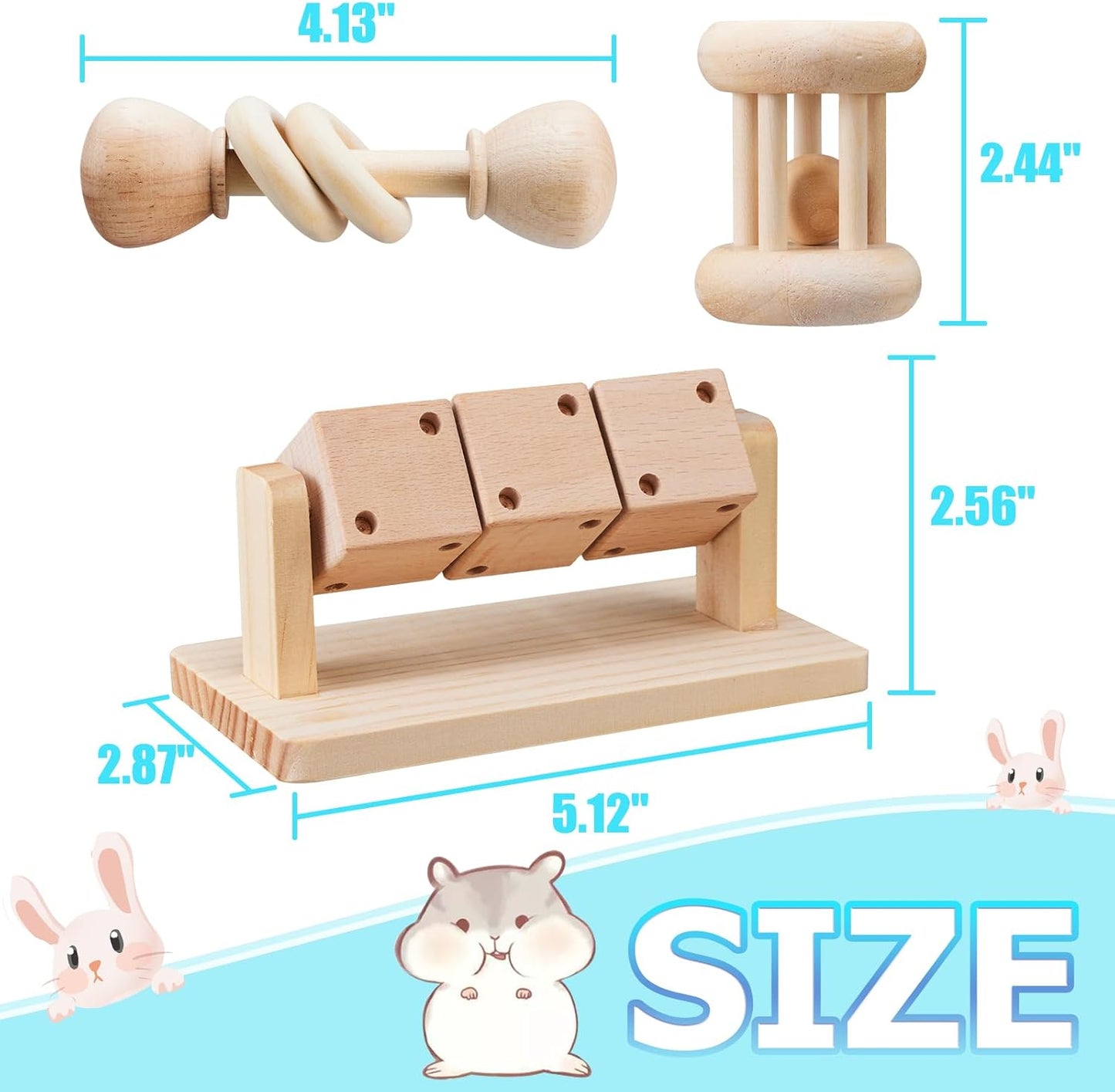 3 Pcs Wooden Hamster Enrichment Toys, Guinea Pig Chew Toys for Syrian & Dwarf Hamsters,Rabbits, Gerbils, Rats, Chinchillas, Small Animals Playing Teeth Grinding Indoor Outdoor