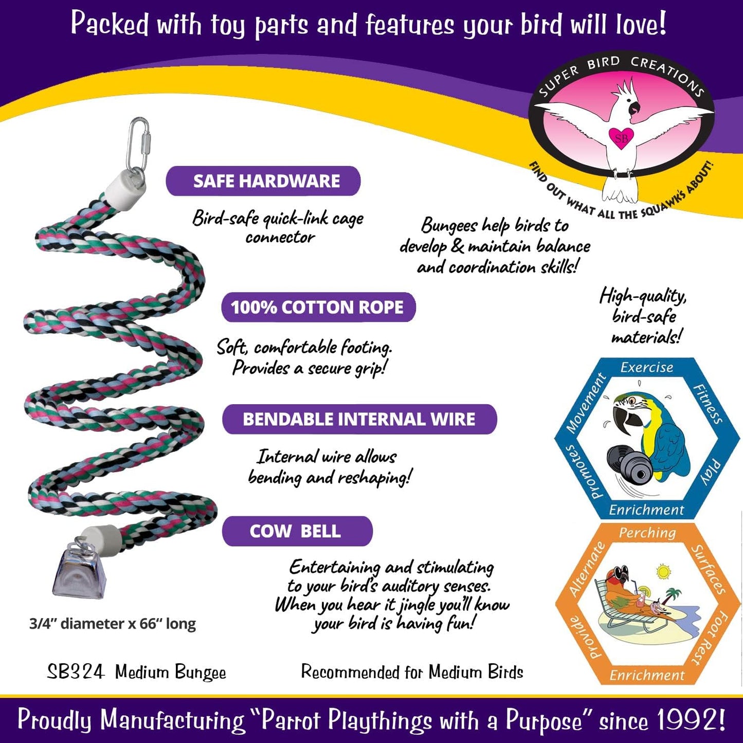 Super Bird Creations SB324 Colorful Cotton Rope Bungee Bird Toy, Medium Bird Size, 3/4" Diameter x 66"