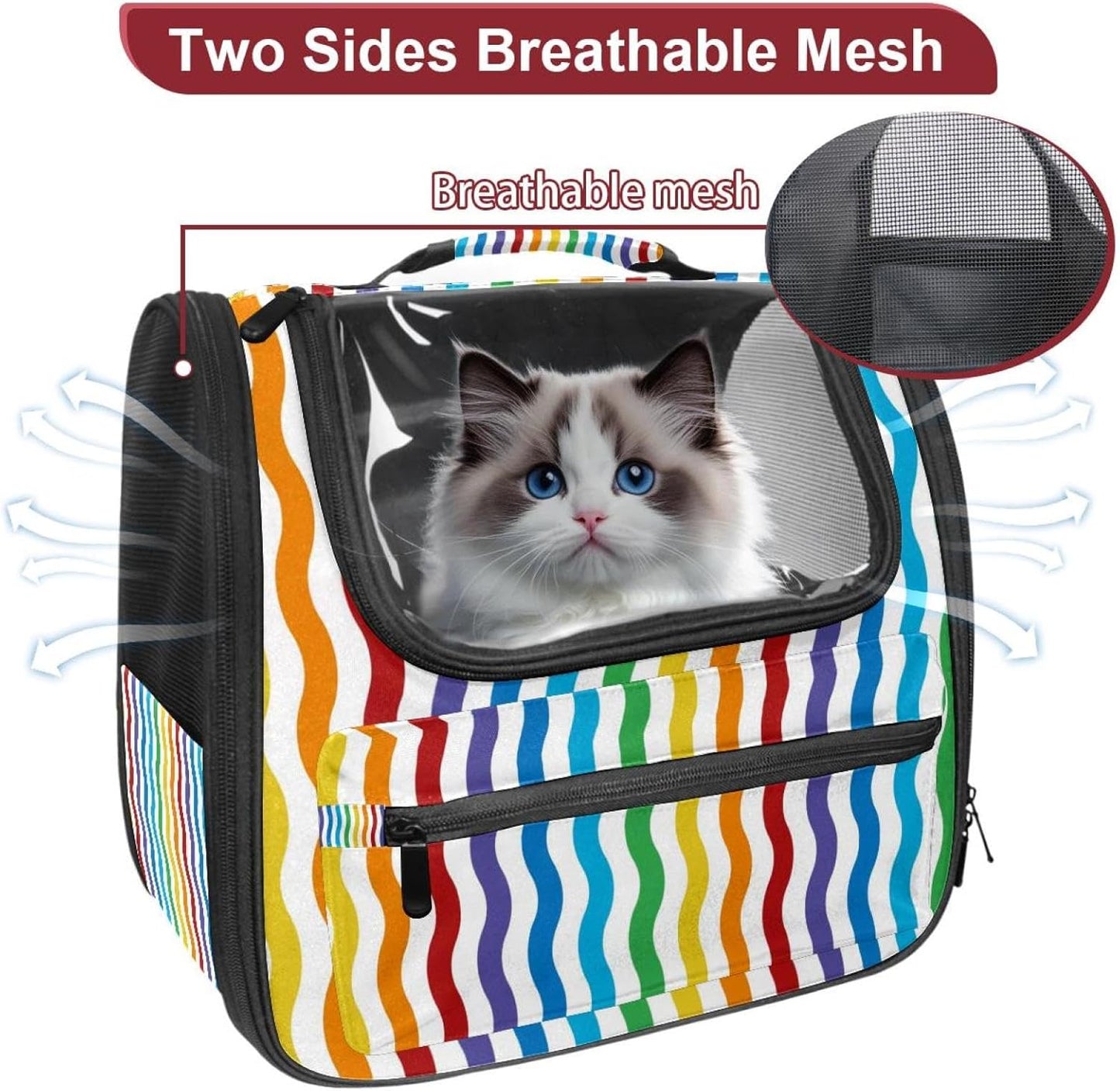 Colorful Wavy Pattern Rainbow Pet Carrier Airline Approved Soft Sided Portable Cozy Travel Pet Bag, Car Seat Safe Carrier for Cats and Dogs