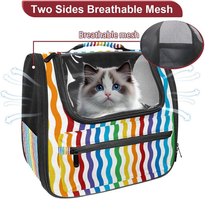 Colorful Wavy Pattern Rainbow Pet Carrier Airline Approved Soft Sided Portable Cozy Travel Pet Bag, Car Seat Safe Carrier for Cats and Dogs