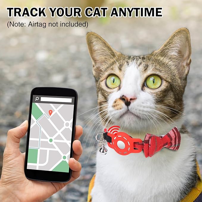 Airtag Cat Collar with Bells and Bowtie -Safety Elastic Band Kitten Collar for Apple Air Tag Holder- Cute GPS Cat Tracker Collars for Girl Boy Cats and Puppies, Adjustable 8"-12" Red