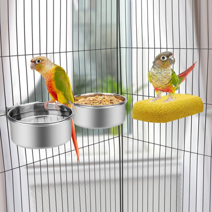 Wontee Pet Food Water Bowl with Clamp Holder Stainless Steel Feeding Cups Feeder for Dog Bird Parrot Cat Rabbit, 2 Packs (M)
