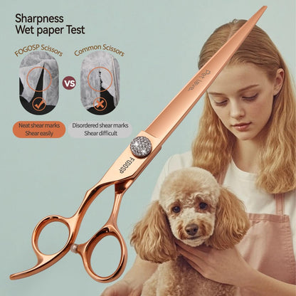 8'' Professional Left Handed Dog Grooming Scissors Straight Long Large Grooming Shears for Dogs Pet Rose Gold Titanium Japan 440C Lefty Hand Dog Hair Cutting Scissors for Poodle(8,Straight)
