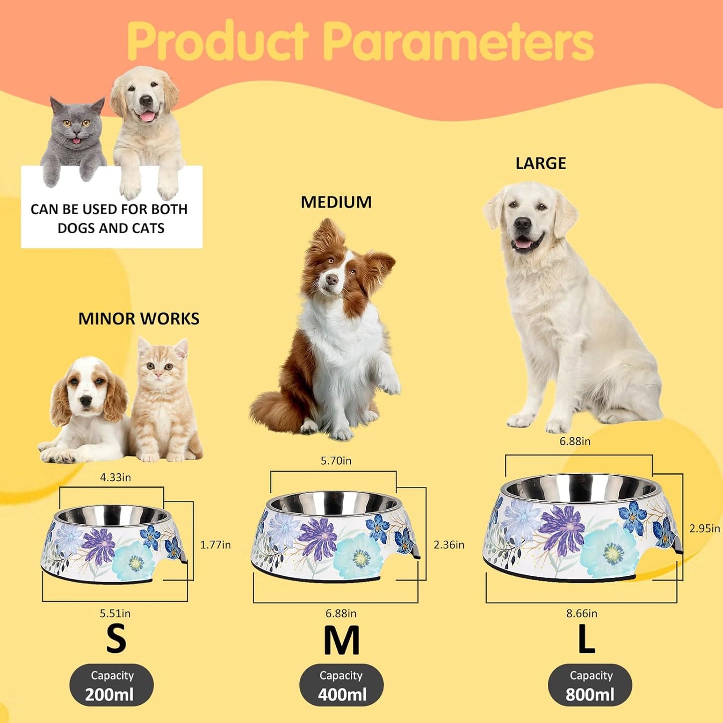 2 in 1 Food Water Bowls - Non Slip Skid Proof Heavy Duty Pet Bowls for Feeding Drinking Small Medium Large Dogs Cats Puppies (Blue Flower, M:14 OZ)