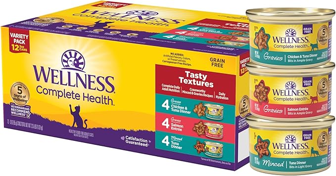 Wellness Complete Health Tasty Textures Gravy & Minced Adult Wet Cat Food, Natural, Protein-Rich, Grain Free, 3 Ounce, 12 Pack, (Salmon, Tuna, and Chicken Variety Pack)