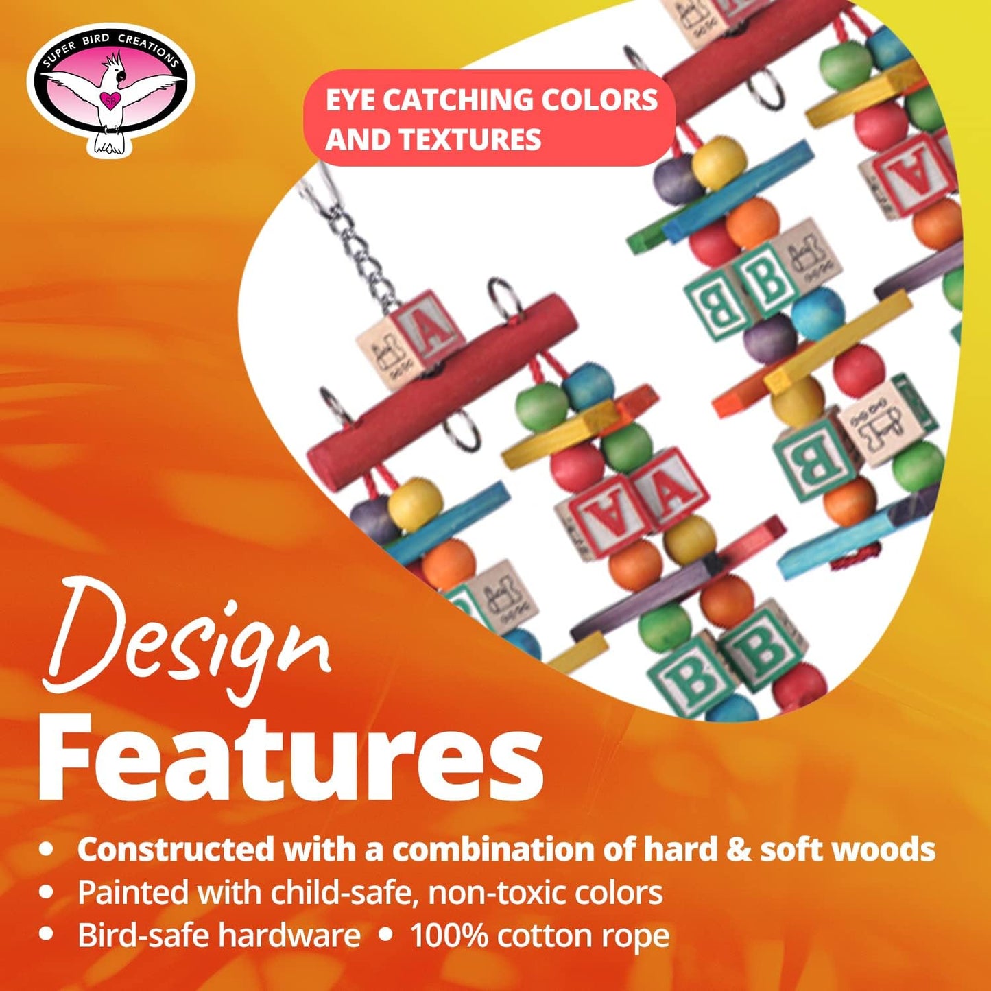 Super Bird Creations SB448 Katy's ABC Jr. Interactive Bird Toy - Durable Chew Toy, Non-Toxic Textured ABC Blocks, Safe 'Polly' Rope, Ideal for Parrots & Ringnecks - Medium Bird Size - 7" x 5" x 1.5"