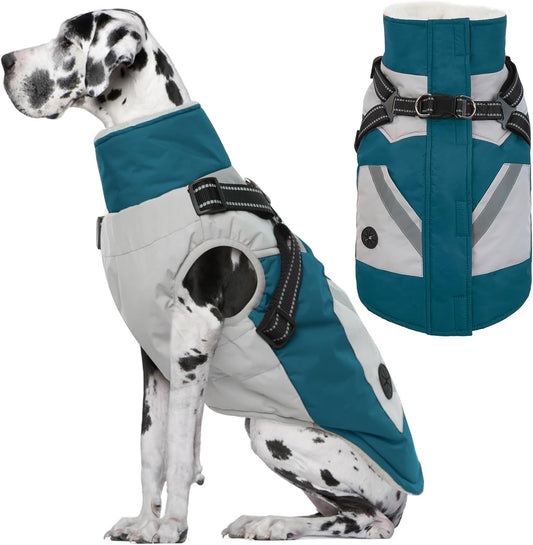 IECOii Large Dog Coat with Harness Built in,Reflective Waterproof Dog Coat for Giant Breeds - Zip Up Fleece Jacket for Dogs,Great Dane Winter Coats Warm Snowsuit for Cold Weather, Turquoise Green, 4XL