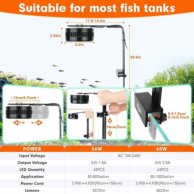 AQQA Aquarium Clip-On Stream Light with Controller, LED Fish Tank Light with 3 Modes (White/RGB/Full Spectrum), Timer & 6 Brightness Levels, Adjustable Clamp for Freshwater Plants Fish Tanks 35W