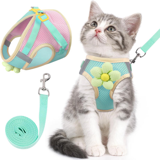 Cat Harness and Leash Set for Walking Escape Proof, Adjustable Kitten Harness Breathable Mesh with Reflective Strips Harness with Flower for Kitty Puppy Bunny Green XS