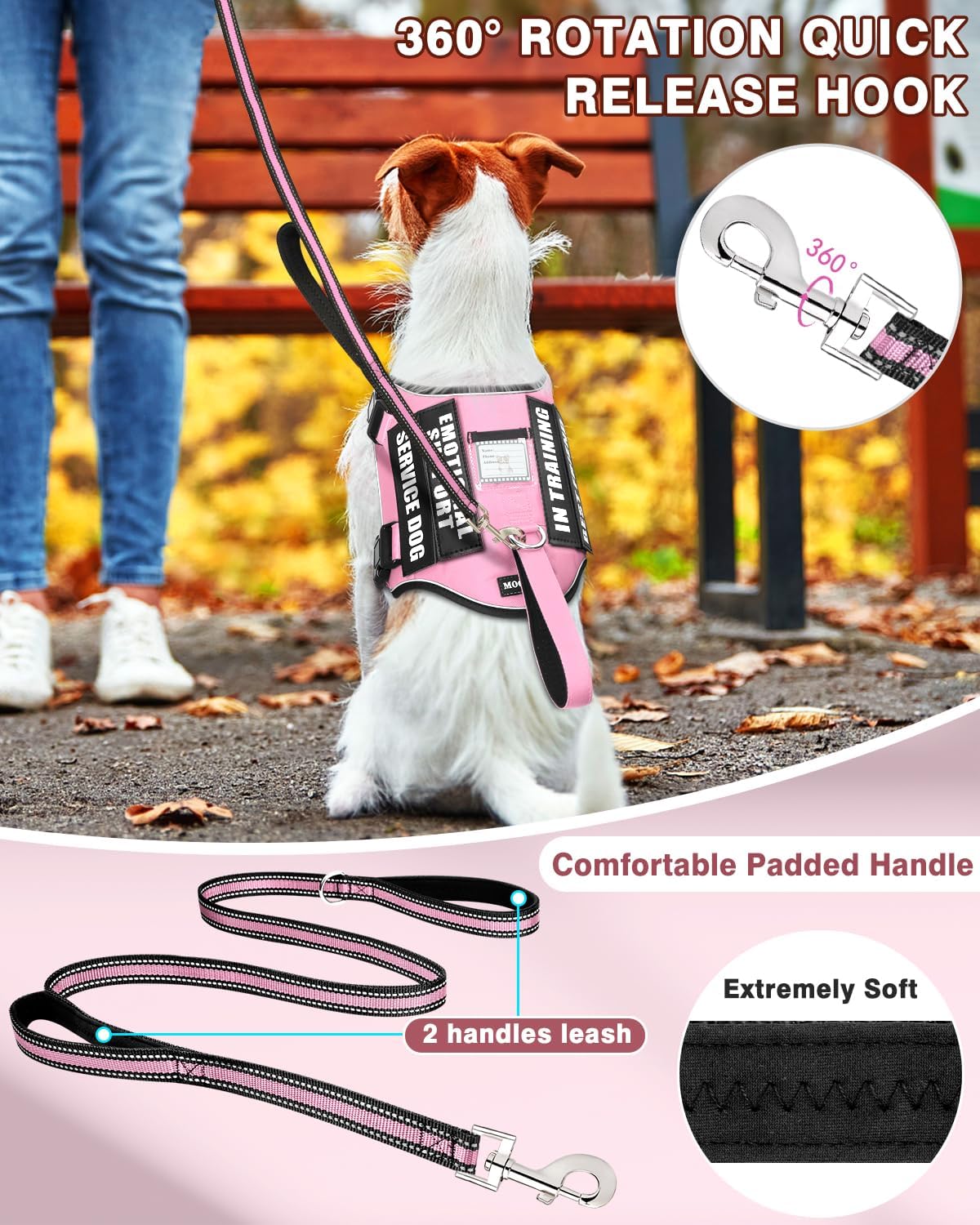 Service Dog Vest Harness and Leash Set+10 Patches for Puppy Small Dogs,Do Not Pet Emotional Support Dog Vest with 2 Soft Padded Handle for Everyday/Training (Pink XS)