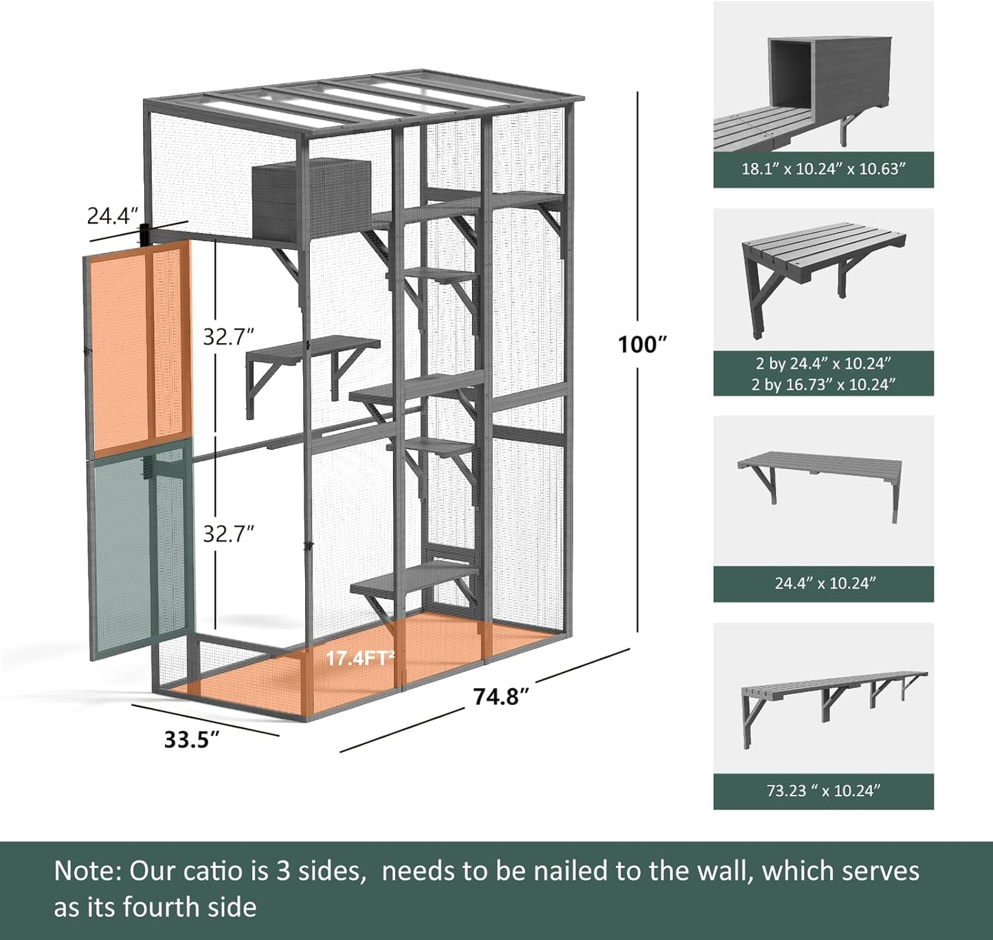 Cat Catio - Extra Large Window Catio Enclosure for Indoor/Outdoor Cats with Multi-Level Platforms, Weatherproof Roof - Spacious Cat Cage Playhouse for Multiple Pets (74.8"x33.5"x100")