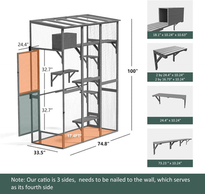 Cat Catio - Extra Large Window Catio Enclosure for Indoor/Outdoor Cats with Multi-Level Platforms, Weatherproof Roof - Spacious Cat Cage Playhouse for Multiple Pets (74.8"x33.5"x100")