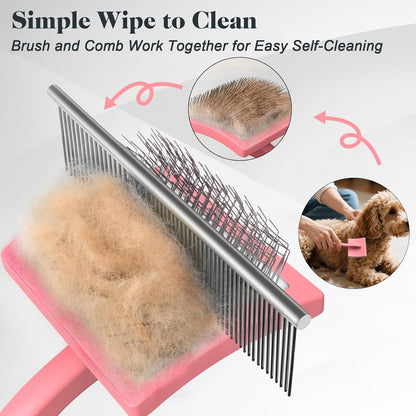 2PCS Slicker Brush for Dogs & Pet Comb,Professional Dog Grooming Brush (Goldendoodles,Poodles,Labradoodles) with Extra Long Pins to Effectively Remove Tangles, Knots and Mats (Light Pink Large)