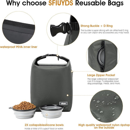 Waterproof Pet Food Storage Bag,Dog Food Container 20 lb w/2PCS Collapsible Dog Travel Bowls and Zipper Side Pocket(Gray, Large)