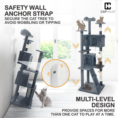 CAPHAUS Cat Tower for Indoor w/Cat Wand Toy, Modern Cute 74-Inch Cat Tree w/Widened Perch for Large Cats Kittens, Multi-Level Cat Activity Tree w/Scratching Posts, Tunnel, Basket, Cat Cave Condo