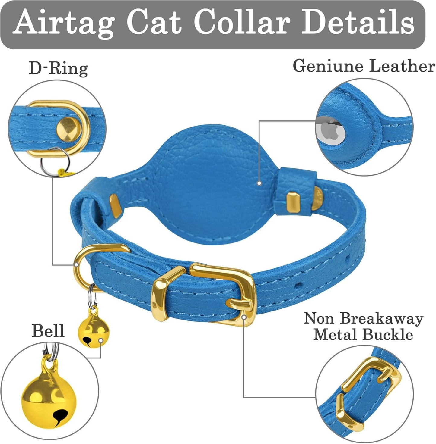 OOPSDOGGY Leather AirTag Cat Collar with Bell - Non Breakaway Kitten Collar with Apple Air Tag Holder - Lightweight GPS Pet Collars for Girl Boy Cats, Small Dogs, Puppies (Blue)