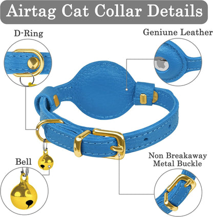 OOPSDOGGY Leather AirTag Cat Collar with Bell - Non Breakaway Kitten Collar with Apple Air Tag Holder - Lightweight GPS Pet Collars for Girl Boy Cats, Small Dogs, Puppies (Blue)