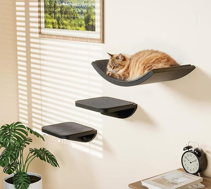 Gray Cat Wall Shelf with Grey Sisal Mat, Curved Cat Bed for Scratching and Resting, Wall Mounted Hammock for Large Cats