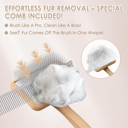 Large Dog Slicker Brush & Comb Set with Leather Sleeves - Long Pin Deshedding Brush for Golden Retrievers, Poodles, Doodles & Thick Coats, Wood Handle Pet Grooming Kit for Dogs, Cats. Natural