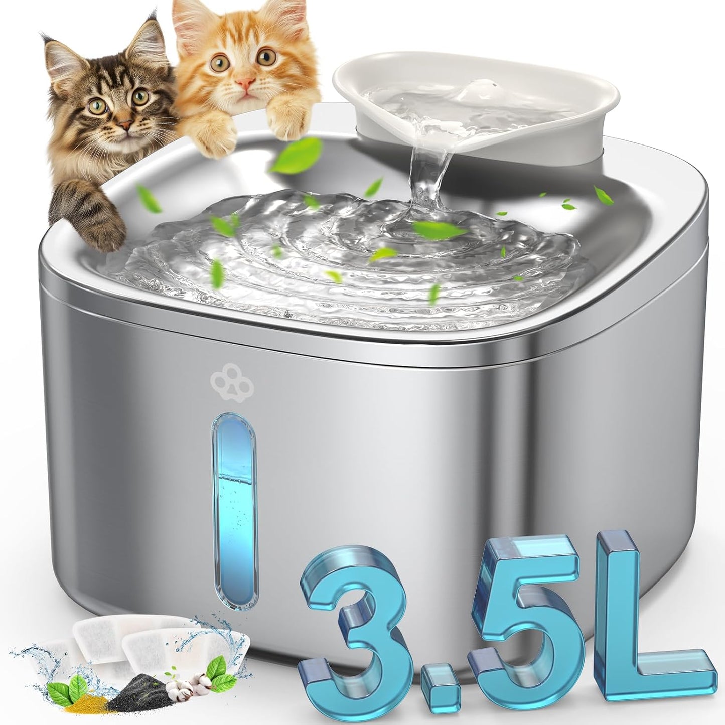 oneisall Stainless Steel Cat Water Fountain, 3.5L/118fl oz Automatic Pet Drinking Fountains for Cats Indoor, Quiet Running Cat Waterer Fountains(PW03 Cat Fountain +3 Sets Filters)