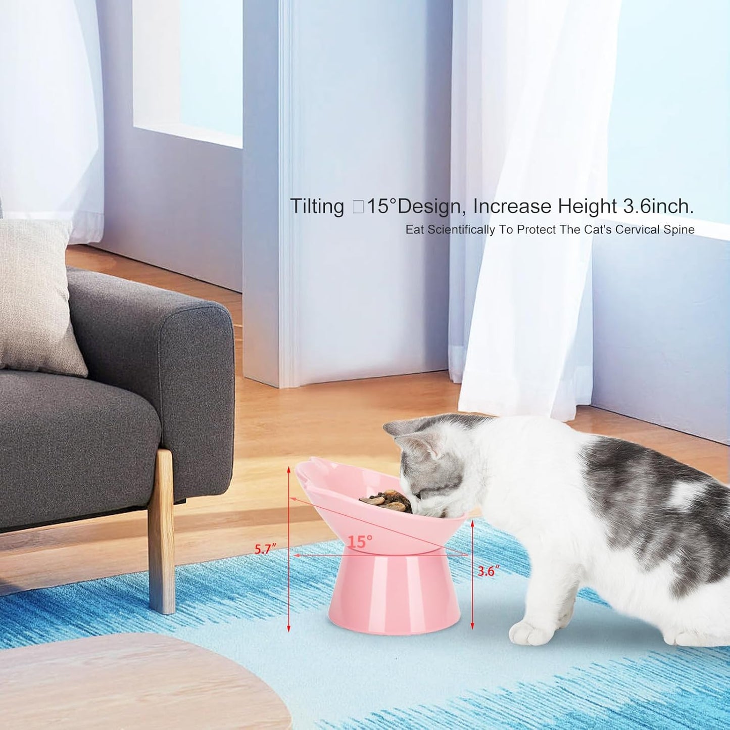 Detachable Elevated Cat Bowls, 15° Tilted Raised Cat Food Bowl Anti-Vomiting,Whisker Friendly, Adjustable Pet Dishes Extra Wide for Protecting Spine, Adult Kitten (Pink