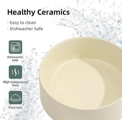 Ceramic 7.3inch Raised Double Bowls Set with Wooden Stand, Food & Water Bowls for Medium Breed Dogs, Weighted Dog Dishes, Pet Feeder(Beige)