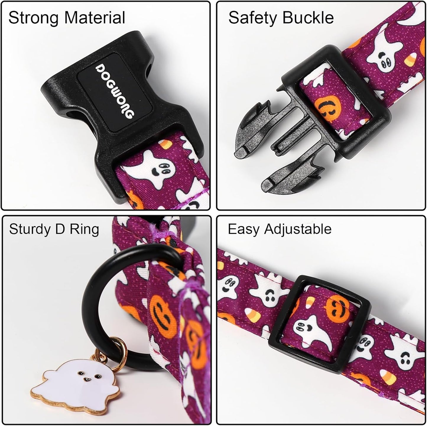 DOGWONG Halloween Dog Collar, Ghost Purple Dog Collars, Adjustable Cute Fall Pet Collars Autumn Design Dog Collar for Small Medium Large Dogs