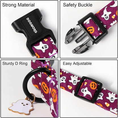 DOGWONG Halloween Dog Collar, Ghost Purple Dog Collars, Adjustable Cute Fall Pet Collars Autumn Design Dog Collar for Small Medium Large Dogs