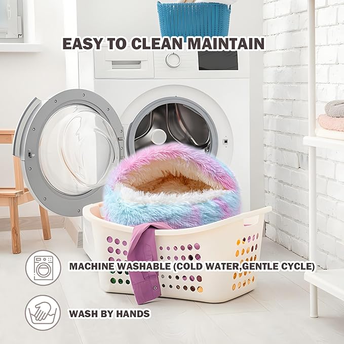 Cat Bed for Indoor Cats, Calming Cozy Cave with Self-Warming Plush, Entire Bed Machine Washable & Anti-Slip Base, Breathable Pet Bed for Small Cats&Dogs All Seasons (Dazzling Colors, 20 * 20inch)