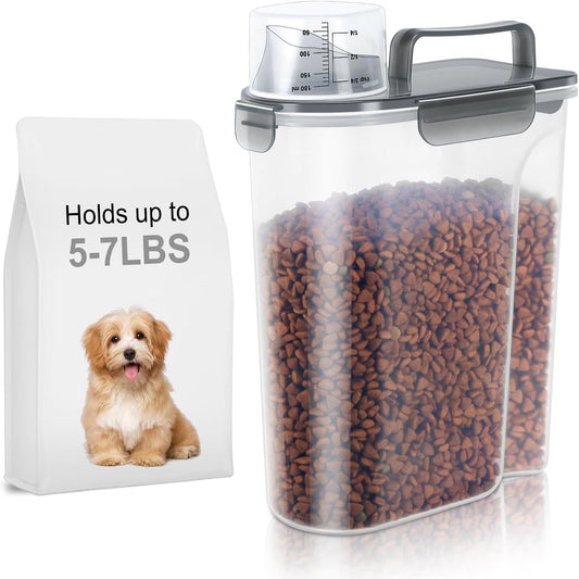 5-7Lbs Cat Dog Pet Food Storage Container with Large Nozzle Design/4 Safety Buckles/Double-Layer Sealing Strips/Handle/Measuring Cup is Easy to Clean and Does BPA-free (Clear Black)