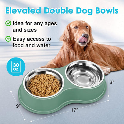 Dog Bowls Large Double Dog Water and Food Bowls Stainless Steel Bowls with Non-Slip Resin Station, Pet Feeder Bowls Food Dish for Small Medium Large Dogs Cats