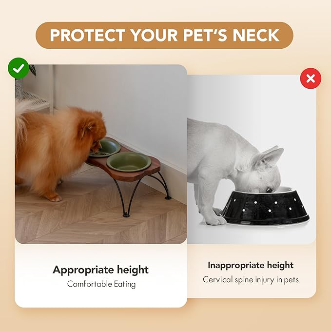 Ceramic 6.3-inch Raised Double-Bowl Set with Non-Slip Stand, Food & Water Dishes for Small and Medium Dogs, Wide Opening with Rounded Edges(Olive Green)