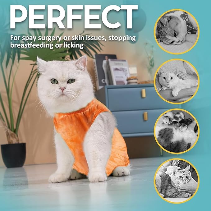 Avont Cat Recovery Suit - Kitten Onesie for Cats After Surgery, Cone of Shame Alternative Surgical Spay Suit for Female Cat, Post-Surgery or Skin Diseases Protection -Tie-dye Orange(S)