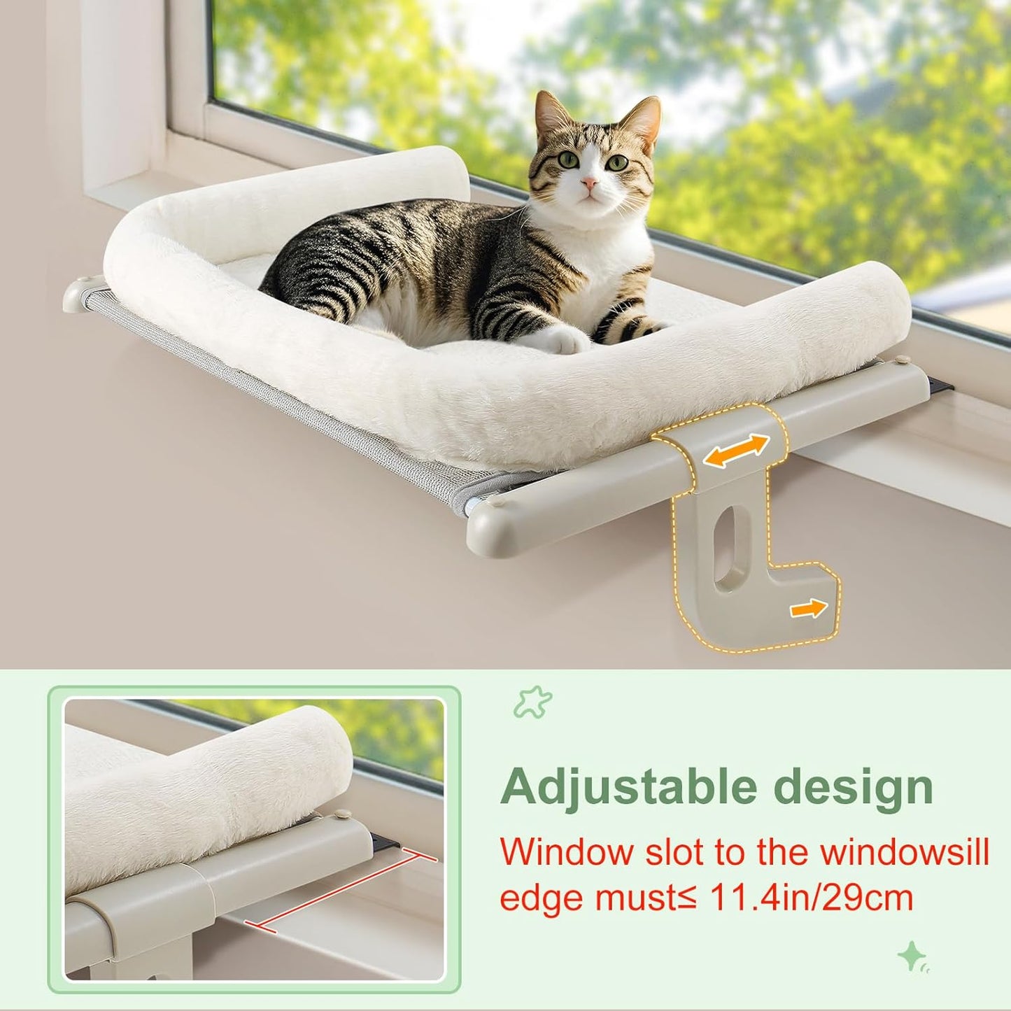Sunhoo Cat Window Perch Hammock Sturdy Windowsill Bed Seat for Large Cats No Drilling No Suction Adjustable Kitty Shelf with Washable Cover Easy Assembly Holds up to 40 lbs 22.05 * 15 in (White, S)