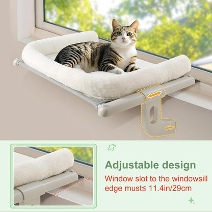 Sunhoo Cat Window Perch Hammock Sturdy Windowsill Bed Seat for Large Cats No Drilling No Suction Adjustable Kitty Shelf with Washable Cover Easy Assembly Holds up to 40 lbs 22.05 * 15 in (White, S)