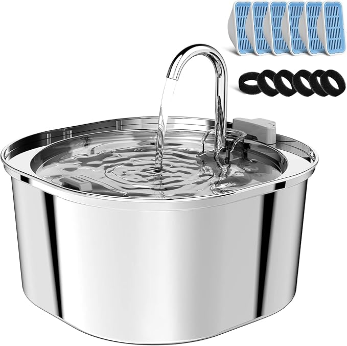 PEKTACO Cat Water Fountain, 3.2L/108oz Stainless Steel Pet Water Fountain for Cats/Dogs Indoor, Dog Drinking Dispenser Metal Kitty Spout with 6 Filters+ 6 Sponges