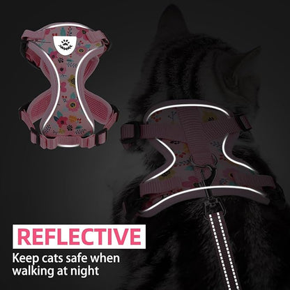 PUPTECK Cat Harness and Leash Set Escape Proof Reflective Cat Walking Harness Adjustable Soft Breathable Mesh Vest for Small Pets, Pink Flowers, S