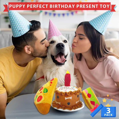 Birthday Squeaky crinkly Cake Aggressive chew for pups Sandwiches Pizza Party Dog Toy Colorful Playset to Keep Your Furry Friend Busy with 3 Pack Dog Toys for Birthday Gift Toys