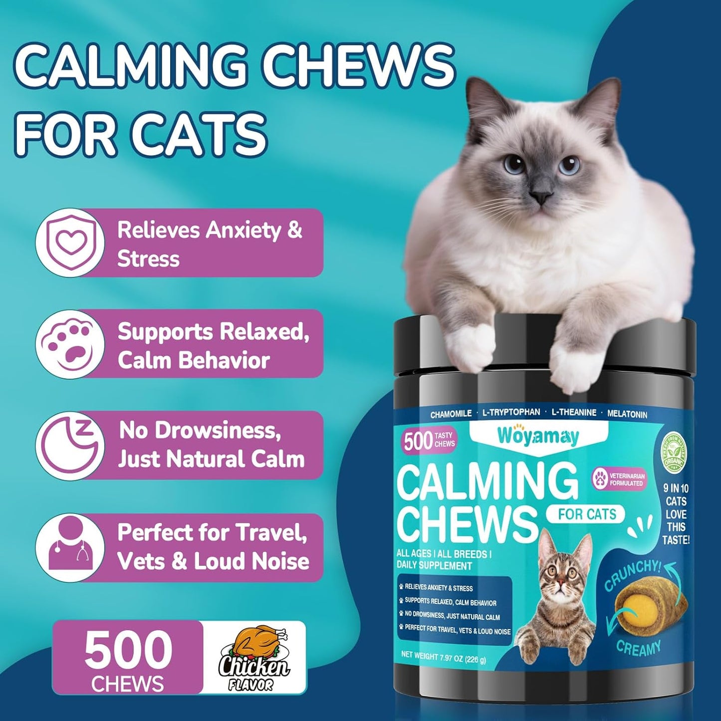 Cat Calming Treats, 500 Crunchy & Creamy Calming Chews for Cats, Natural Calming Cat Treats to Manage Stress & Anxiety, Tasty Calm Chews Supplement, Chicken Flavor