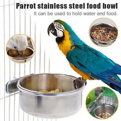 PINVNBY 6 Pieces Stainless Steel Bird Feeding Dish Cups,Parrot Feeder Parakeet Food Water Bowls with Clamp Holder & 6 Pcs Bird Spoon & 6 Pcs Birds Ball Toys for Budgies Macaw Small Animal(L)