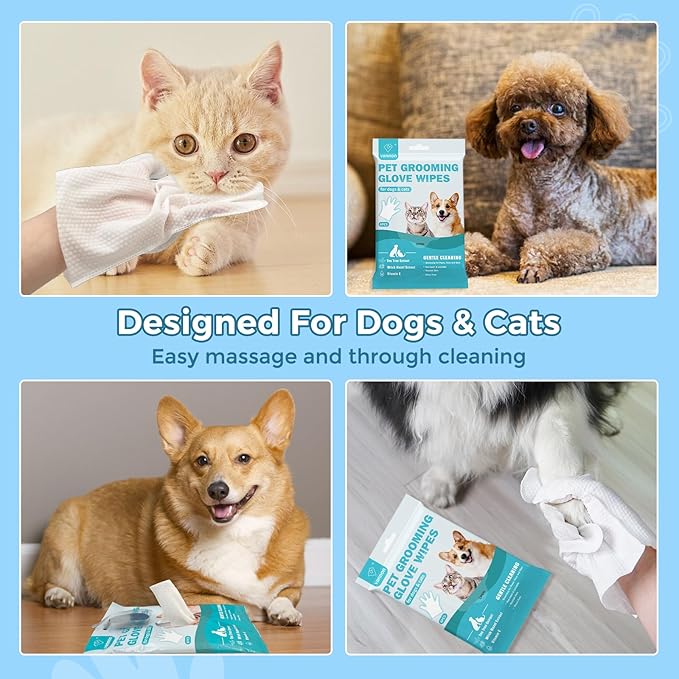 Vannon Extra Thick Pet Bathing Wipes for Dogs & Cats, Cleaning & Odor-Controlling Grooming Gloves, Nourish Fur Glove Wipes for Daily Care and Traveling, Rinse Free, Unscented, 3 Pack, 18 PCS