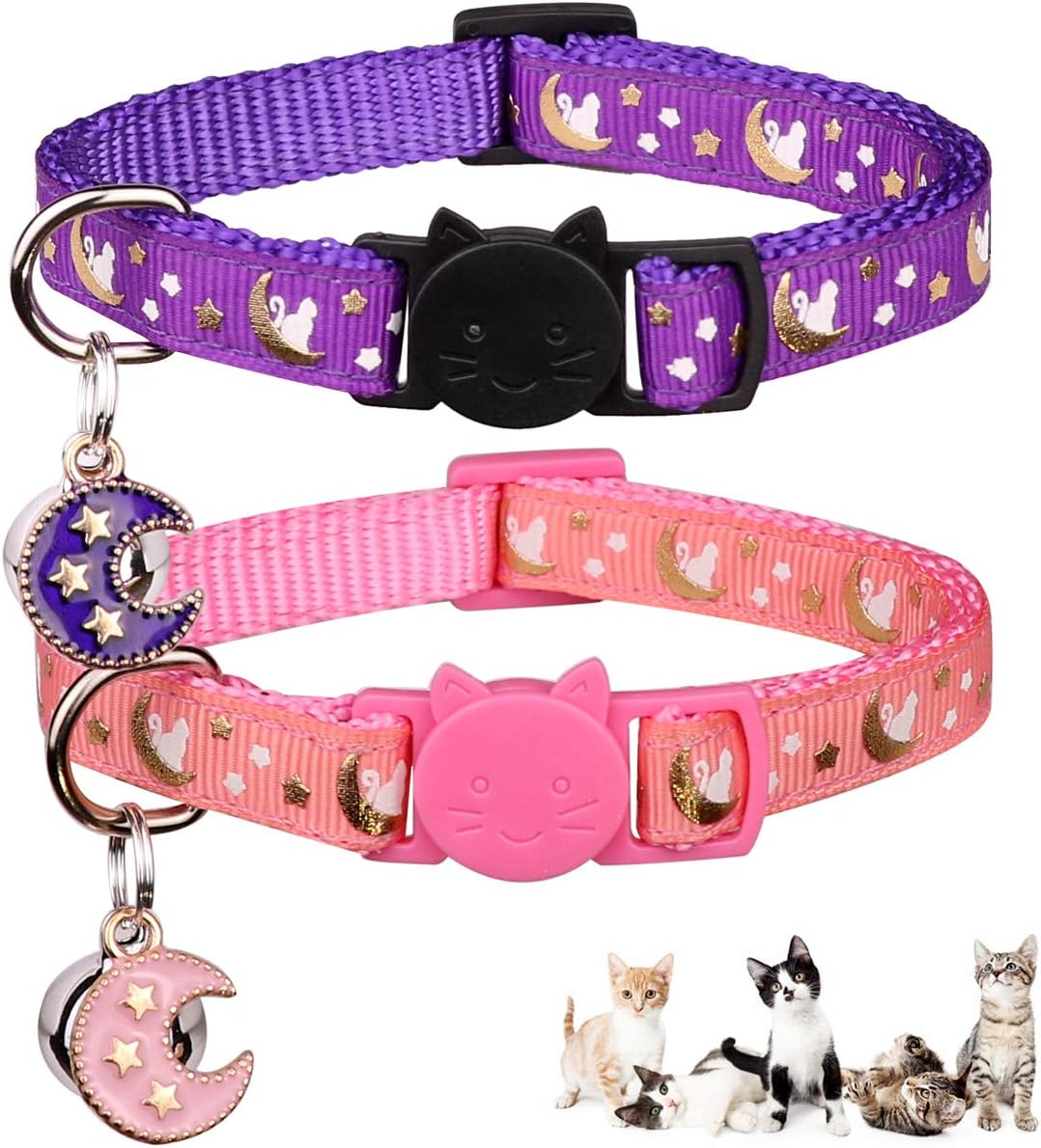 2Pcs Breakaway Cats Collars Cat Collars for Boy & Girl Cats Adjustable Kitten Collars with Bell,Pink+Purple,7"-10.7"