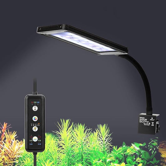 fishkeeper Clip On Aquarium LED Light, 24/7 Mode Full Spectrum Fish Tank Light with Timer, Adjustable 8 Color / 5 Brightness Simulate Sunrise-Day-Sunset-Moon for 7.87-12.99 inch Planted Tank 9W