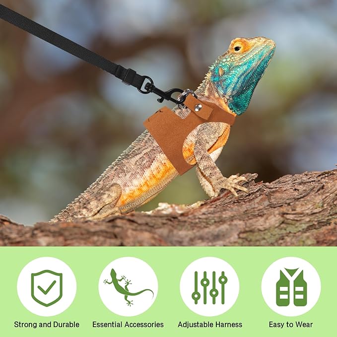 Bearded Dragon Harness Leash Set 3 Size Adjustable Lizards Training Walking Leather Vest Escape-Proof Traction Rope for Outdoor Small Reptiles Animal Squirrels (Brown)