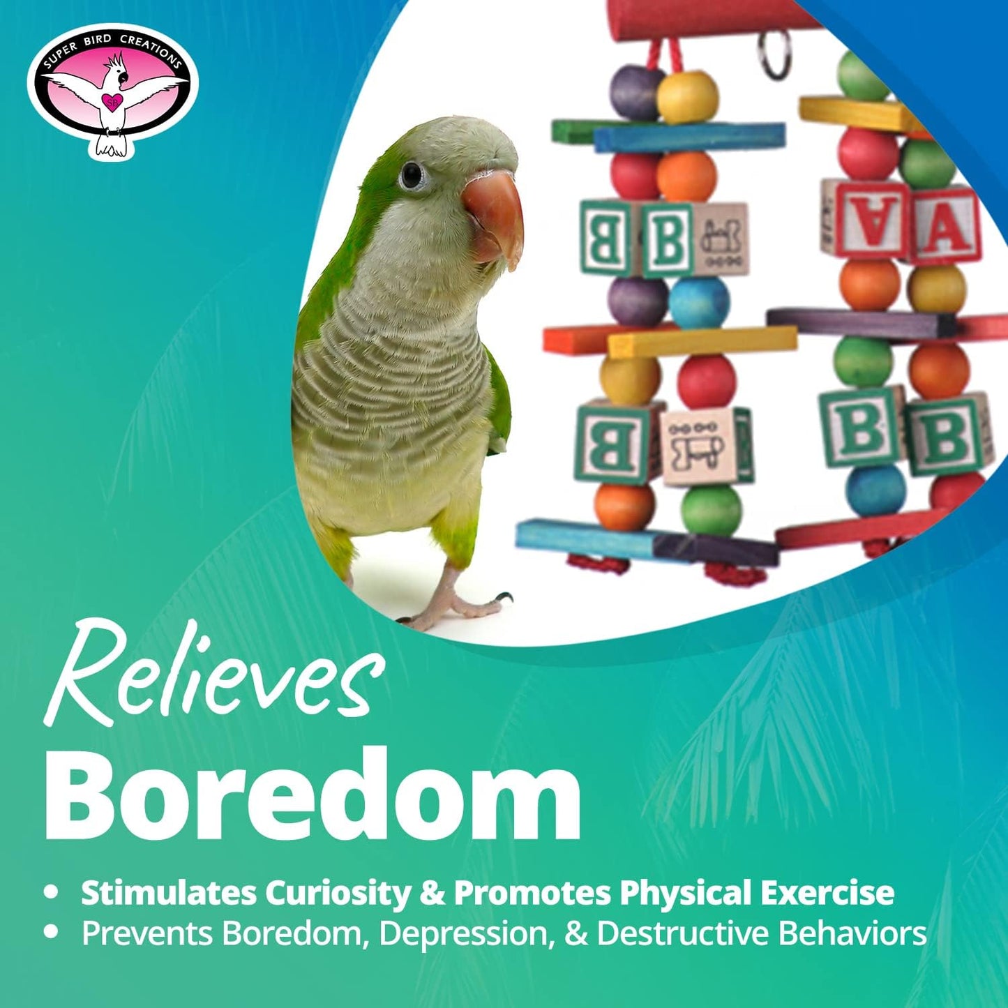 Super Bird Creations SB448 Katy's ABC Jr. Interactive Bird Toy - Durable Chew Toy, Non-Toxic Textured ABC Blocks, Safe 'Polly' Rope, Ideal for Parrots & Ringnecks - Medium Bird Size - 7" x 5" x 1.5"