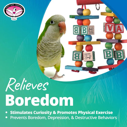 Super Bird Creations SB448 Katy's ABC Jr. Interactive Bird Toy - Durable Chew Toy, Non-Toxic Textured ABC Blocks, Safe 'Polly' Rope, Ideal for Parrots & Ringnecks - Medium Bird Size - 7" x 5" x 1.5"